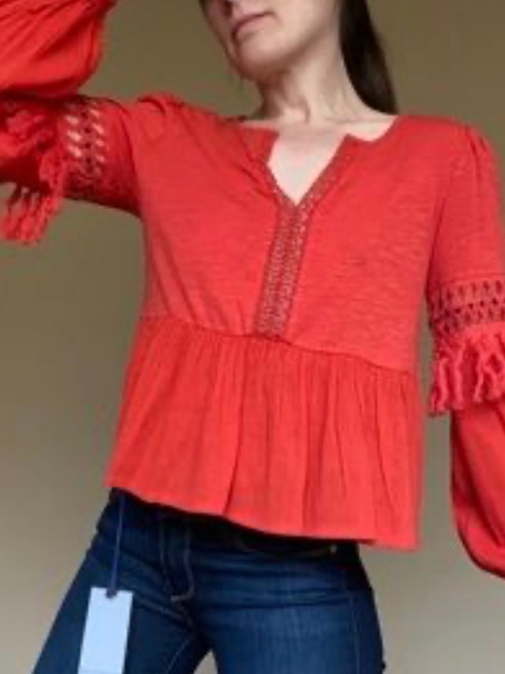 Lucky Brand top Bohemian style XS Women's Red Peplum Crochet-Trim Top